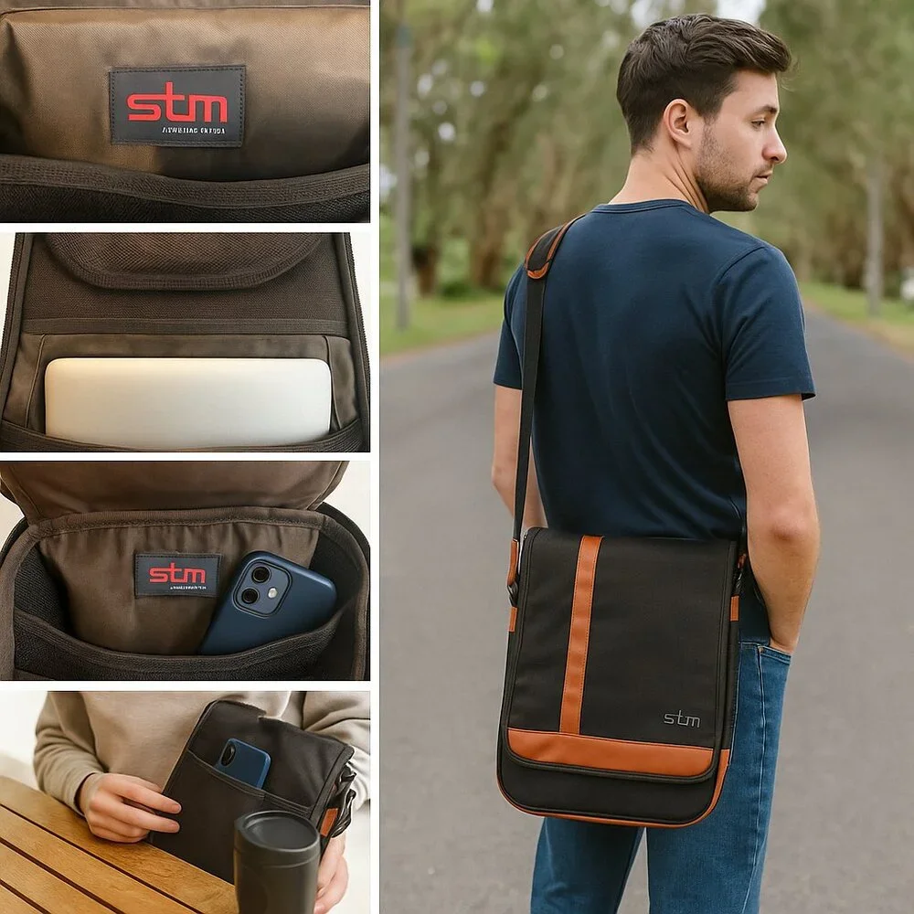 STM Vertical Laptop Messenger Bag – Black & Chestnut Brown
